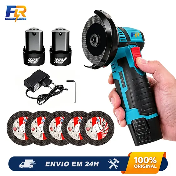 Mini Esmerilhadeira Angular Sem Fio 12V Recarregável com 2 Baterias + 5 Discos Corte Lixamento Polimento Portátil