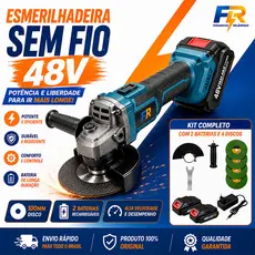 Esmerilhadeira Angular Sem Fio 48V 100mm Portátil com 2 Baterias + 4 Discos para Reformas e Serralheria
