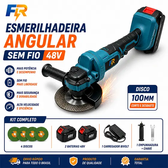Esmerilhadeira Angular Sem Fio 48V 4" 100mm 2 Baterias + 4 Discos Profissional