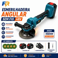 Esmerilhadeira Angular Sem Fio 48V 4" 100mm 2 Baterias + 4 Discos Profissional
