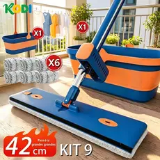 Kit 9 Esfregões Microfibra Piso, Limpeza Seca/Úmida sem Enxágue, Balde Dobrável c/ Raspador e Alta Absorção S10