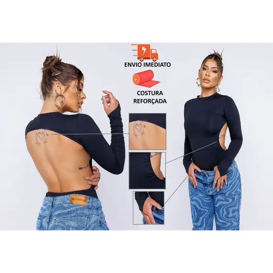 CroquiChic Body Feminino Manga Longa com Costas Abertas Suplex Sem Bojo e Costura Reforçada