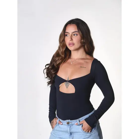 CroquiChic Body Manga Longa com Dedeira e Recorte Frontal Estilo Gringa