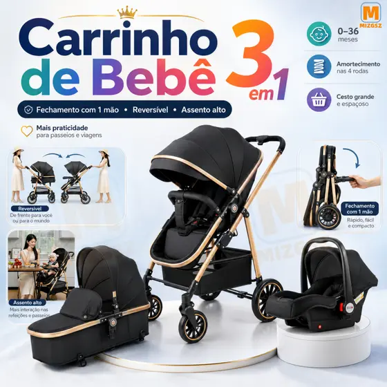 Carrinho de Bebê Luxo 3 em 1 Preto e Dourado com Moisés Bebê Conforto e Assento Reversível
