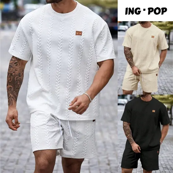 Conjunto de Camiseta Casual de Manga Curta e Gola Redonda com Impressão e Shorts Cordão Para Homens
