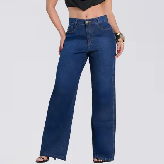 Calça Wide Leg Jeans Feminina 100% Algodão Cintura Alta Tecido Premium