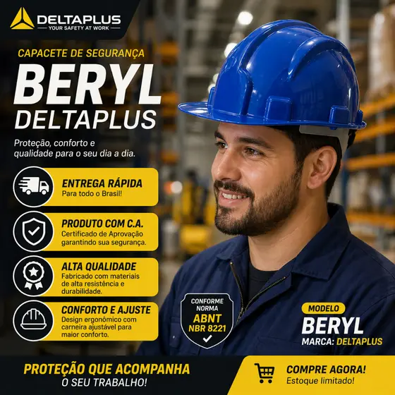 Capacete de Proteção Aba Frontal Beryl Deltaplus CA 29792 Obra Industria Segurança Pedreiro Epi