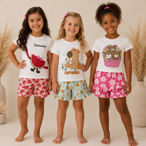 Conjunto Infantil Menina Blogueirinha Verão Tamanho 1 ao 10 I Conjunto Infantil Feminino blusa + shorts Infantil