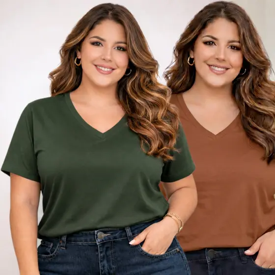 Kit 2 Blusas Plus Size Feminina Gola V Camiseta Básica 100% Algodão