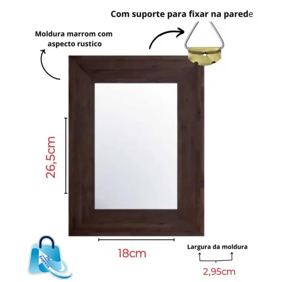 1 Espelho Decorativo 26,5CM X 18CM Com Moldura De Madeira