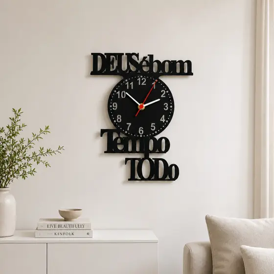 Relógio de Parede em Mdf Decorativo com Frase Deus É Bom o Tempo Todo Casa e Decoração