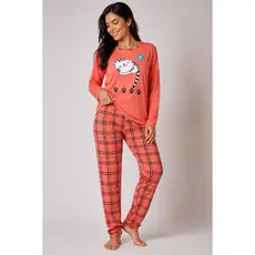 Pijama longo feminino HK estampa do gatinho salmão