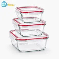 Kit 3 Potes Herméticos de Vidro Quadrados 320ml 520ml 800ml com 4 Travas e Vedação Vermelha