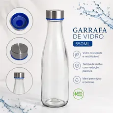 Garrafa de Vidro 550ml Reutilizável Tampa Metal Vedação Antivazamento BPA Free Água e Suco