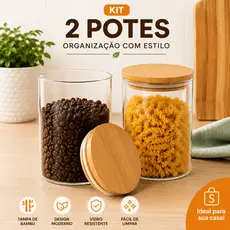 Kit 2 Potes Herméticos 800ml Vidro com Tampa de Bambu Mantimentos Cozinha
