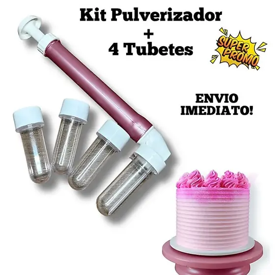 Pulverizador Bombinha com 4 Tubetes para Pó Glítter Confeitaria Bolos Doce Confeiteiro Decoração