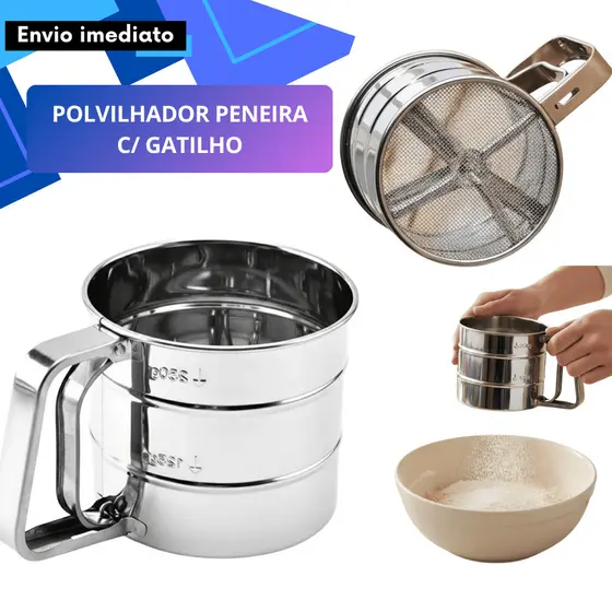 Polvilhador Inox com Gatilho 10,5×9,5cm Peneira para Cacau/Canela/Açúcar Café Padaria Buffet Confeitaria