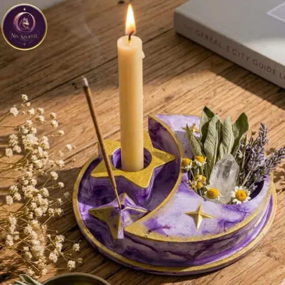 Altar Lunar: Porta-Vela, Incensário e Cristais 🌙 (Sob encomenda)⭐️