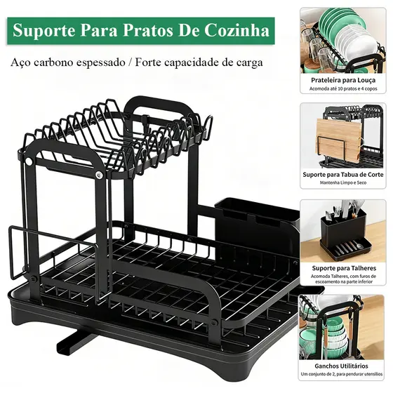 Cozinha Escorredor De Louça Organizador, Rack De Drenagem De Aço Carbono, Com Porta Copos Talheres