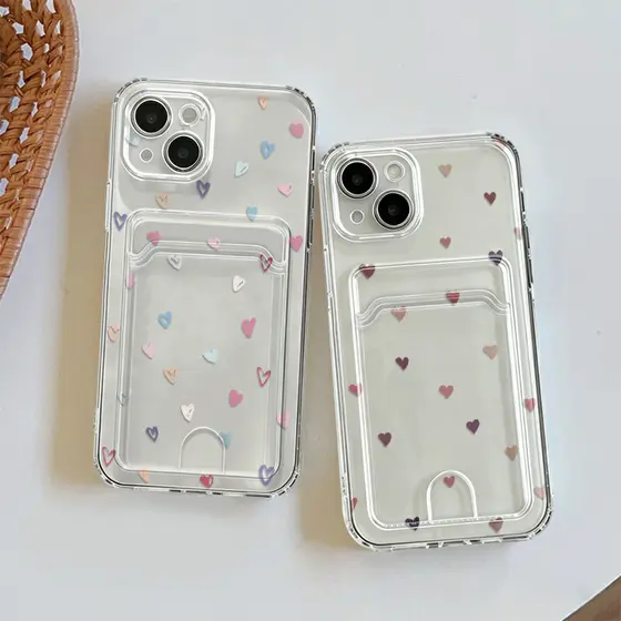 Capa Para iPhone 13 11 12 14 15 16 17 Pro Max Transparente Silicone Anti-choque Capinha Card Case Amor