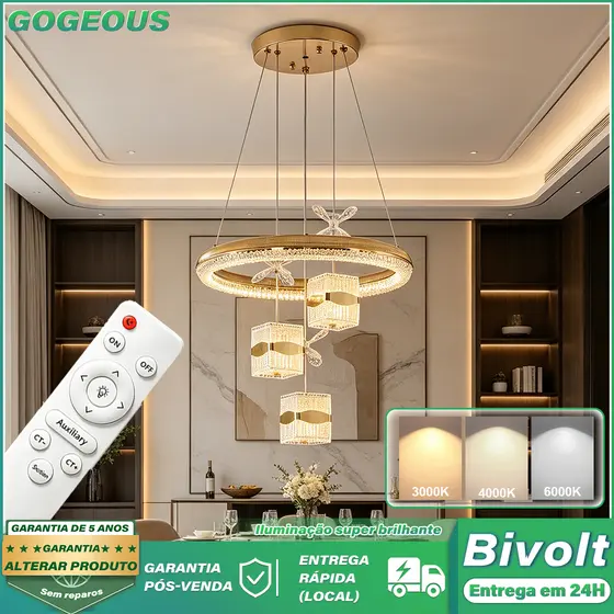 3 Cores Luminaria Para Teto Sala de Jantar 110V-220V Lustre De Cristal Luxo Nórdico Com Controle Remoto