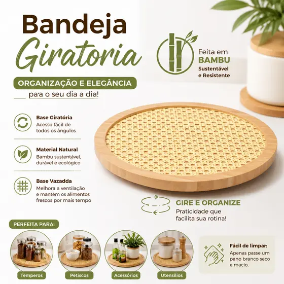 Bandeja Giratória de Bambu 30cm Redonda Estilo Japonês para Mesa