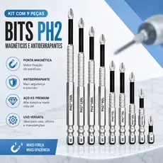 Kit 9 Pontas Phillips PH2 Magnéticas em Liga S2 para Parafusadeira de Impacto