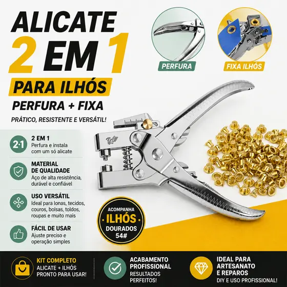 Alicate 2 Em 1 Aplica Ilhós E Vazador +100 Ilhós Incluídos