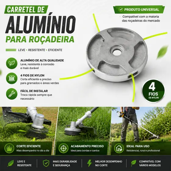 Carretel Metálico Magnésio Roçadeiras Universal 4 Fios Nylon 1 polegada