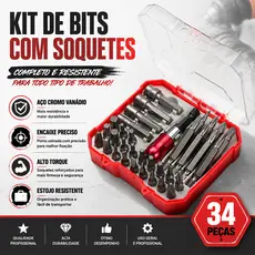 Jogo Bits Parafusadeira 34pcs Completo 1/4 Com Ponta Philips Fenda Torx Ponteira