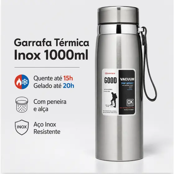 Garrafa 1000ML Inox Térmica Com Infusor Prata De Água Café Parede Dupla Com Alça