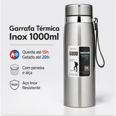 Garrafa 1000ML Inox Térmica Com Infusor Prata De Água Café Parede Dupla Com Alça