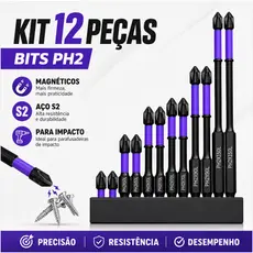 Kit 12 Bits PH2 Magnéticos de Impacto para Parafusadeira – Ponta Cruzada Antiderrapante