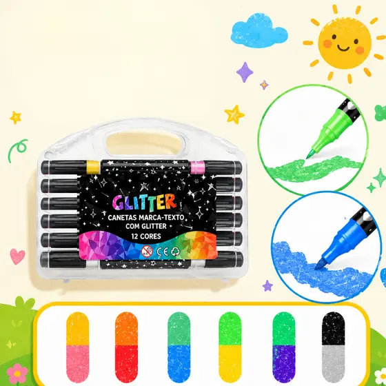 Caneta Marcadora Glitter Ponta Dupla 12/24/36/48 Cores | Arte , Escola , Planejador , Desenho