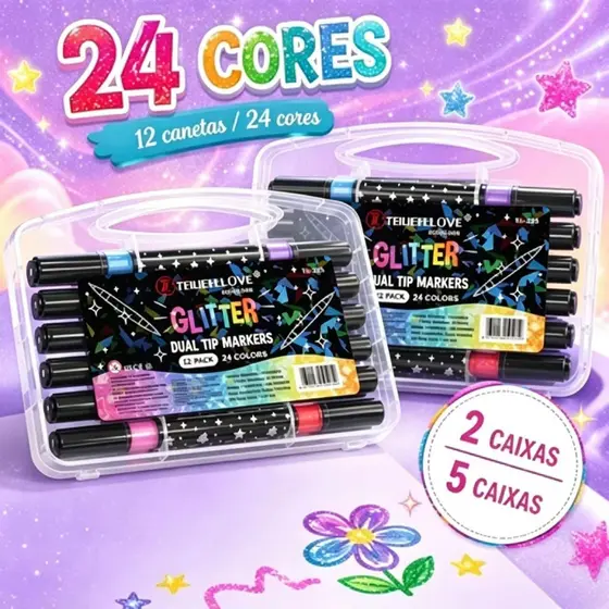 Canetas Marcadoras Brilhantes De Ponta Dupla , Pacote Com 12 24 Cores , Ideais Para Criação De Arte Estudantil , Oferta