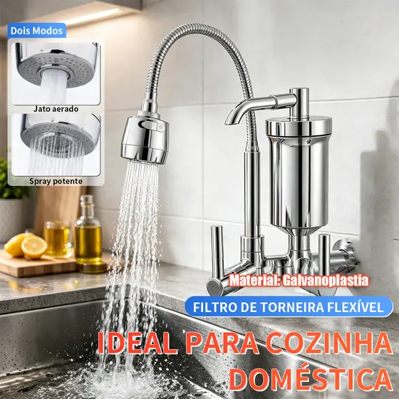 Torneira Gourmet Filtro de Parede Cozinha Flexível Jato Duplo Cromada Luxo 1/4 de volta