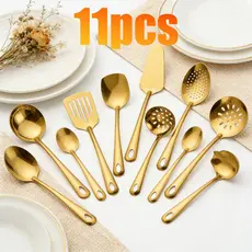 Kit 4/11 Peças Utensílios de Cozinha em Aço Inoxidável Dourado - Espátula, Colher, Concha, Escumadeira, Pegador de Pizza