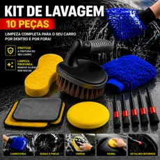 Kit 10 Peças Lavagem Automotiva Esponja + Escova de Pneu + Flanela + Aplicador de Cera + Luva Microfibra + Kit Pincel