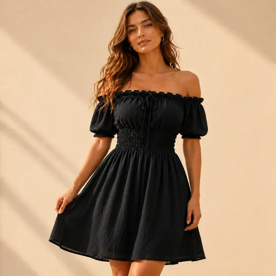 Vestido Curto Ciganinha Ombro A Ombro Lastex Manga Bufante Tecido Duna Soltinho Festa Balada Casual Verão