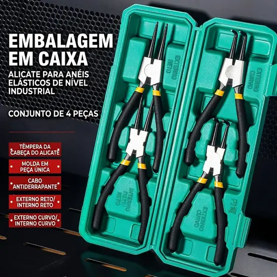 4 Peças Alicate para Anéis Trava Interno e Externo Bico Reto Curvo Profissional com Caixa
