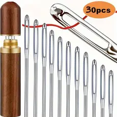 Kit 30 de Agulhas para Costura Doméstica com Estojo de Madeira Tamanhos Variados Olho Grande: Passa Fio Fácil
