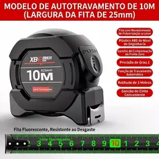 Trena Métrica 10 Metros Profissional Emborrachada com Trava Fita de Aço