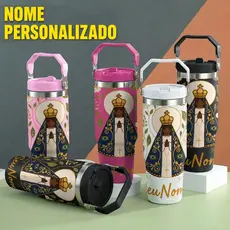 Nome Personalizado Maria | Copo Térmico Inox 890ml Grande Capacidade | Tampa com Canudo e Alça Portátil