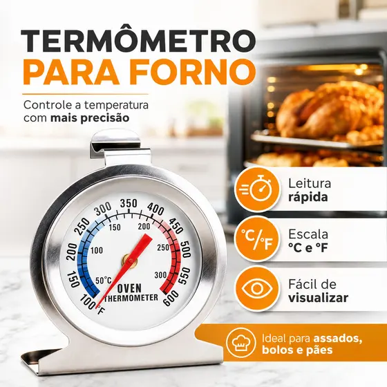 Termômetro Analógico Forno 300° Alta Qualidade Inox Com Base