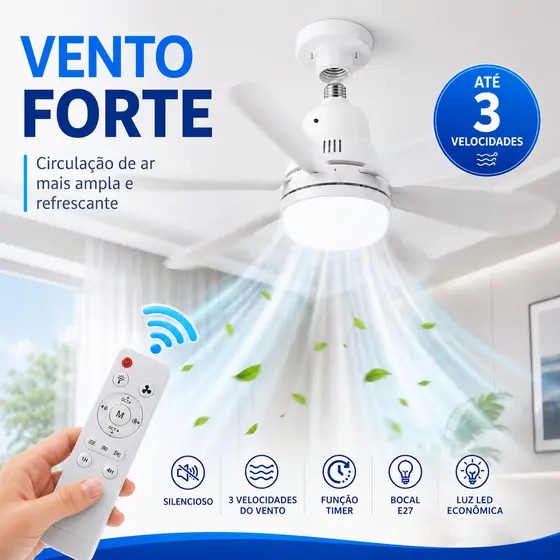 Ventilador De Teto Wind Light Silencioso 3 Velocidades 60W com Controle Remoto e Lâmpada LED – 6 Pás