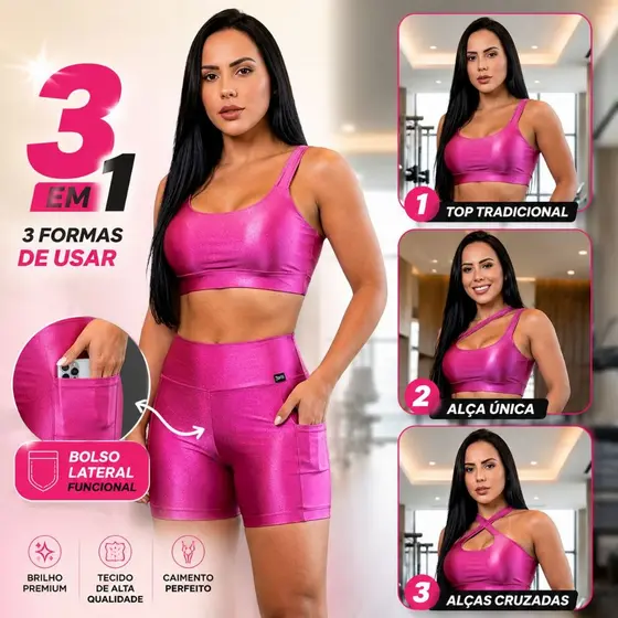 Conjunto Fitness Feminino Academia Top 3 em 1 Short Bolso Funcional Zero Transparência