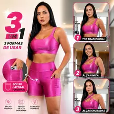 Conjunto Fitness Feminino Academia Top 3 em 1 Short Bolso Funcional Zero Transparência
