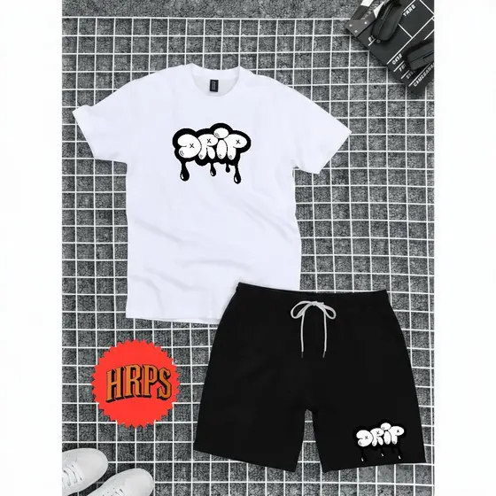 Lançamento conjunto masculino camiseta 100% algodão e short tecido tactel top verão