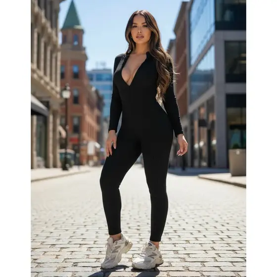 Macacão Zíper Manga Longa Virgínia Moda Gringa Canelado Premium 3D Preto M-G