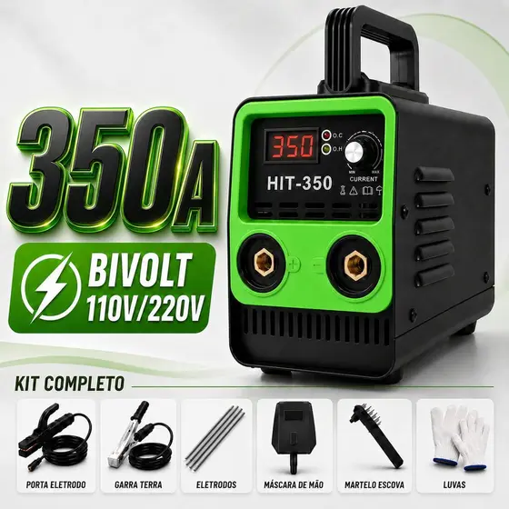 Máquina Inversora De Solda 350A Bivolt 110V 220V IGBT Display LED Com Máscara Luvas Kit Completo